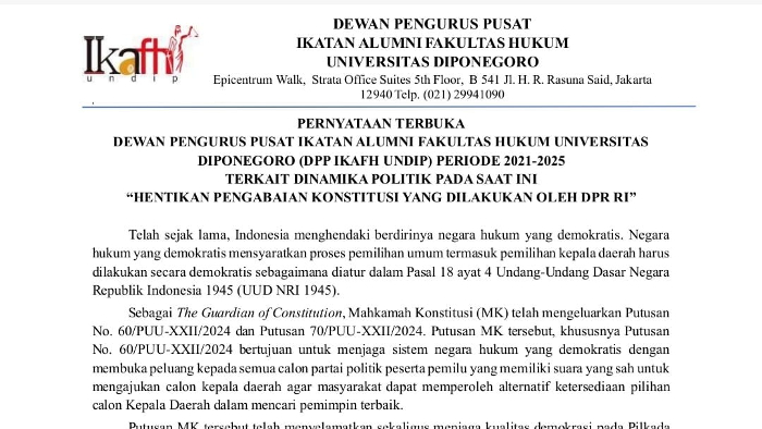 Ikatan Alumni Fakultas Hukum UNDIP Minta DPR Ikuti Putusan MK, Jangan Memperburuk Situasi Hukum dan Sosial Indonesia